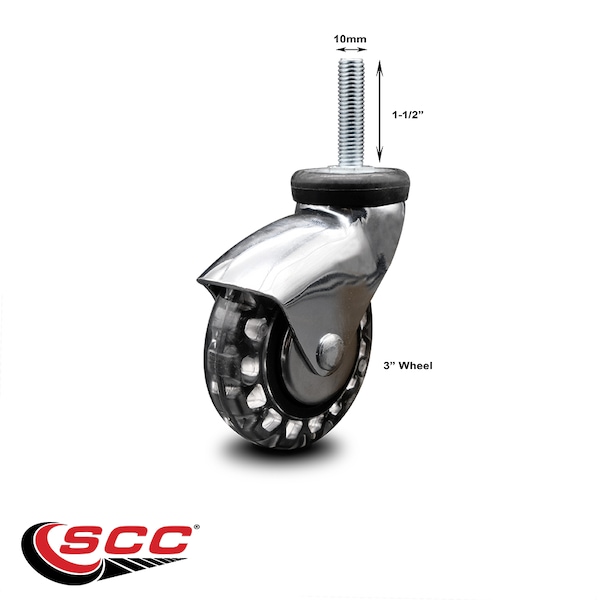 3 Inch Bright Chrome Hooded Polyurethane 10mm Threaded Stem Caster SCC